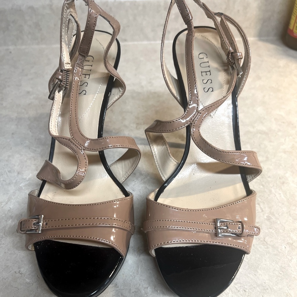 Beige and Brown Strappy Belted Heel Sandal